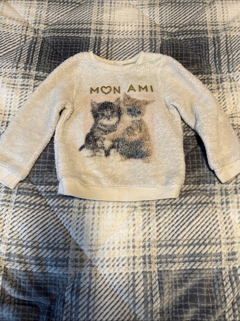 H&M Cream Plush Kids Sweatshirt with Kitten Graphic